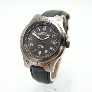 Timex Expedition Indiglo Watch 38mm Gray Date Black Leather Strap w New Battery